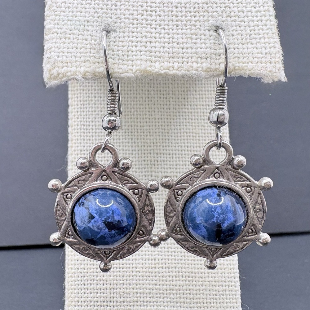 Express Blue Stone Medallion Dangle Earrings Silver Tone Viking Norse Style